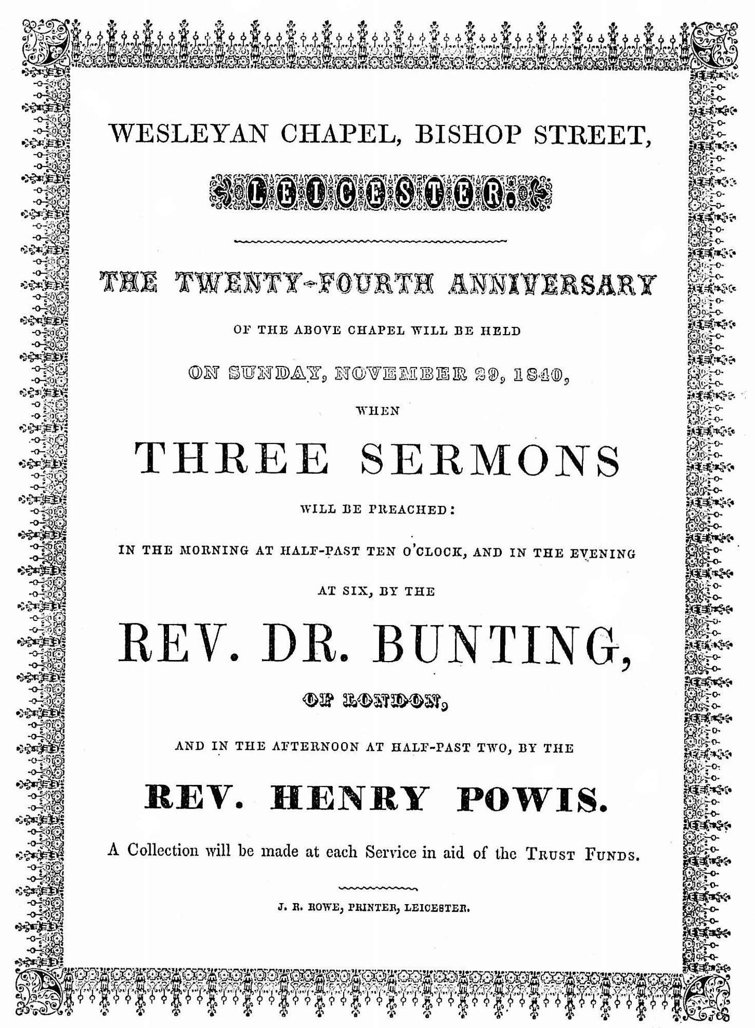 A poster for the chapel's 24th anniversary sermons, 1840 -