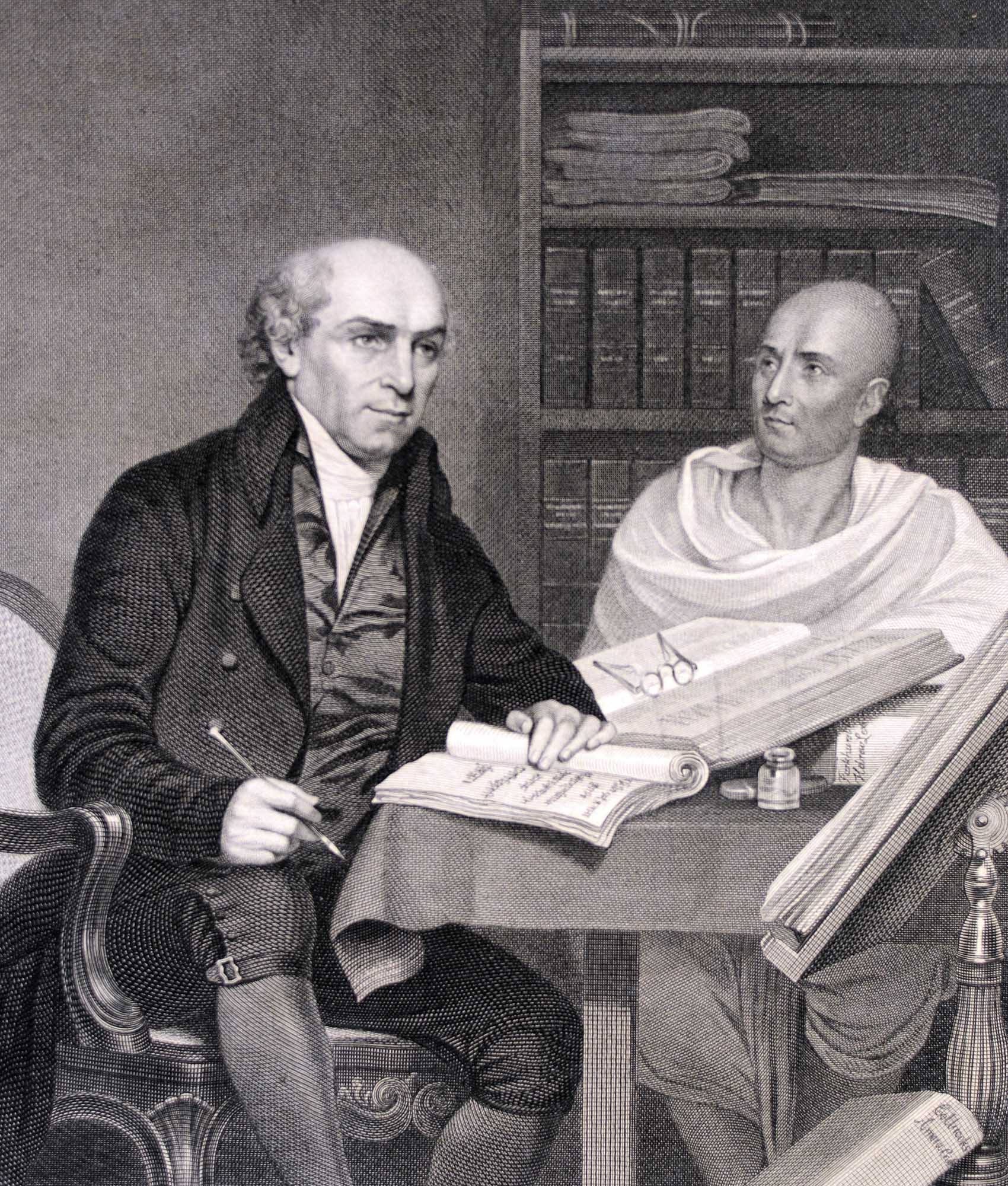 A print showing William Carey with his Indian translator at The College of Fort William, Calcutta, 1813 -