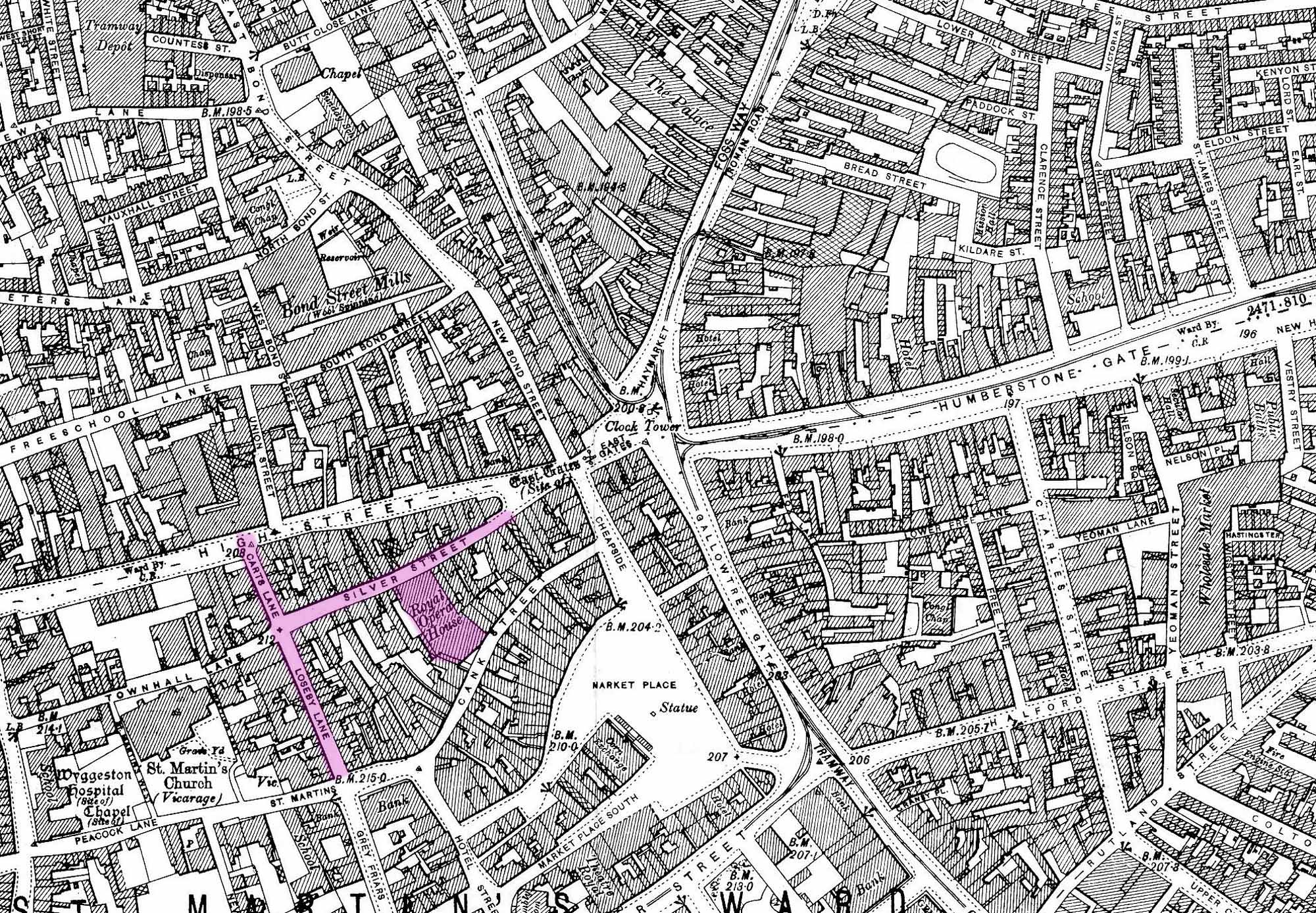 A 1901 map of central Leicester with Silver Street, The Lanes and the Royal Opera House highlighted -