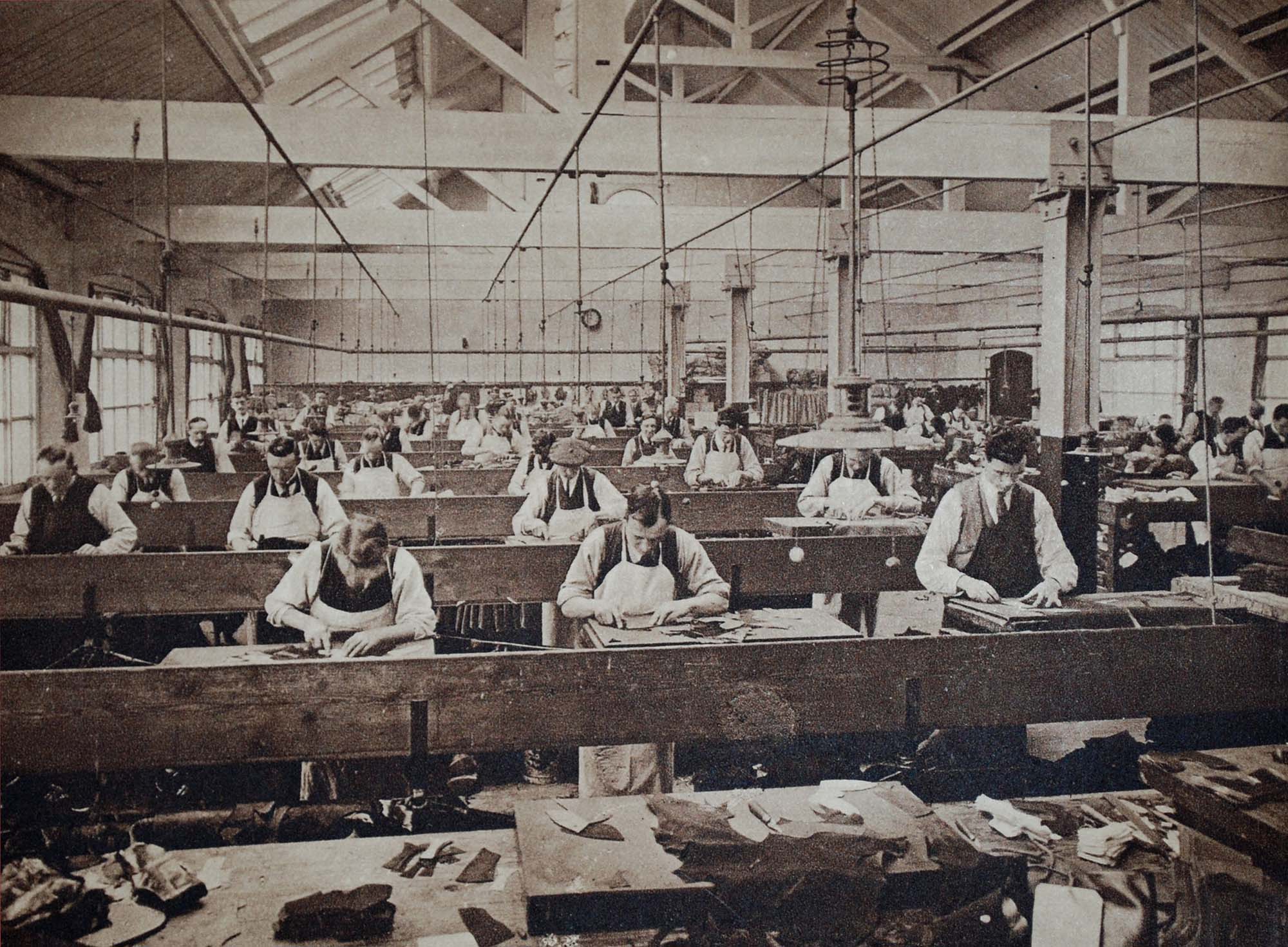 The factory floor of a shoe manufacturing company in Leicester, 1930s -