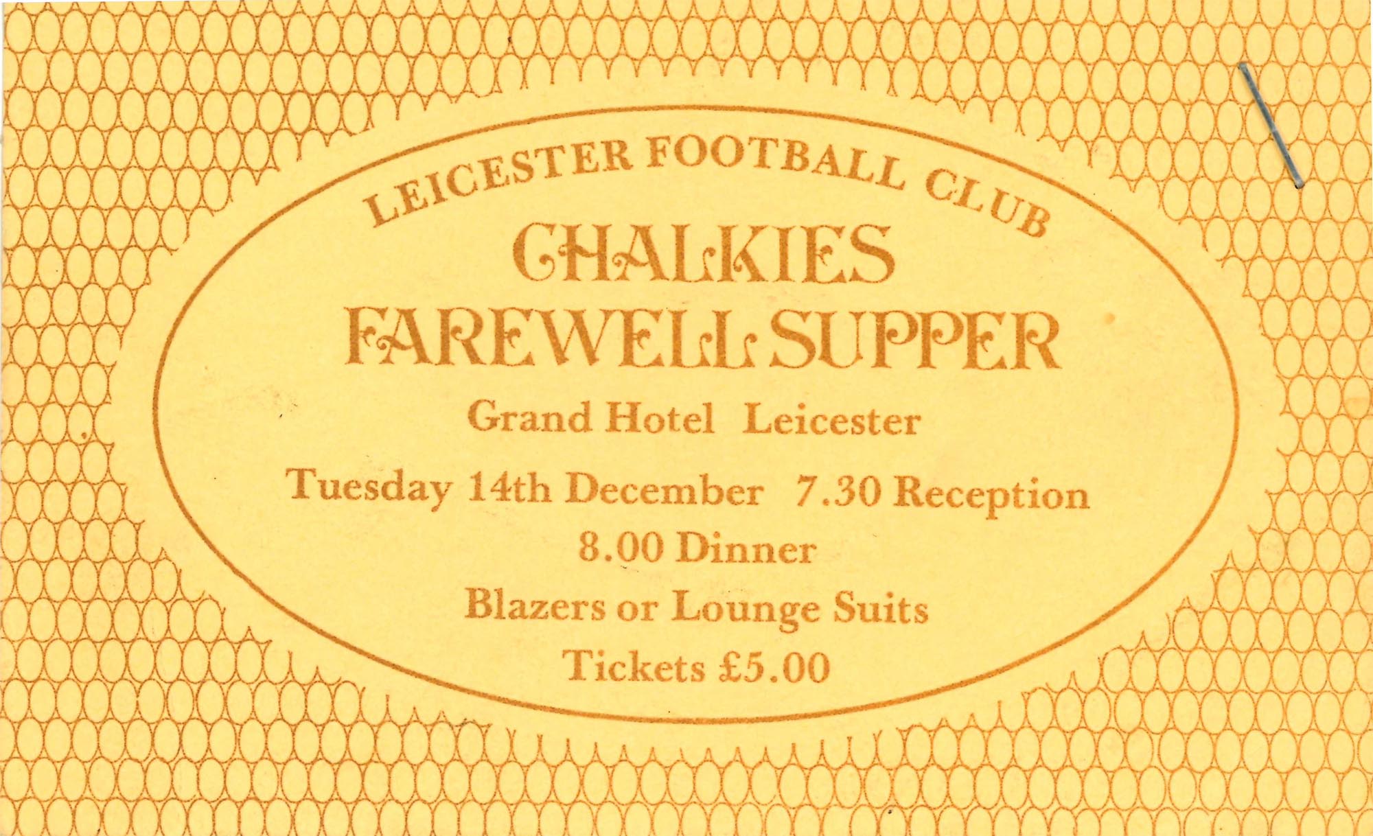 Chalkie's Farewell Supper Ticket - Record Office for Leicestershire, Leicester and Rutland